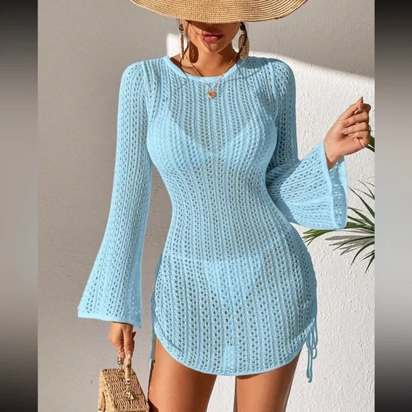 Baby blue crochet ruched tie drawstring side tie back mini cover up dress - Picture 5 of 6